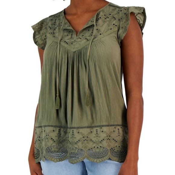 Style & Co. Tops - Style and Co Green Olive Flutter Sleeve women’s Blouse with Tie Front Size 1X